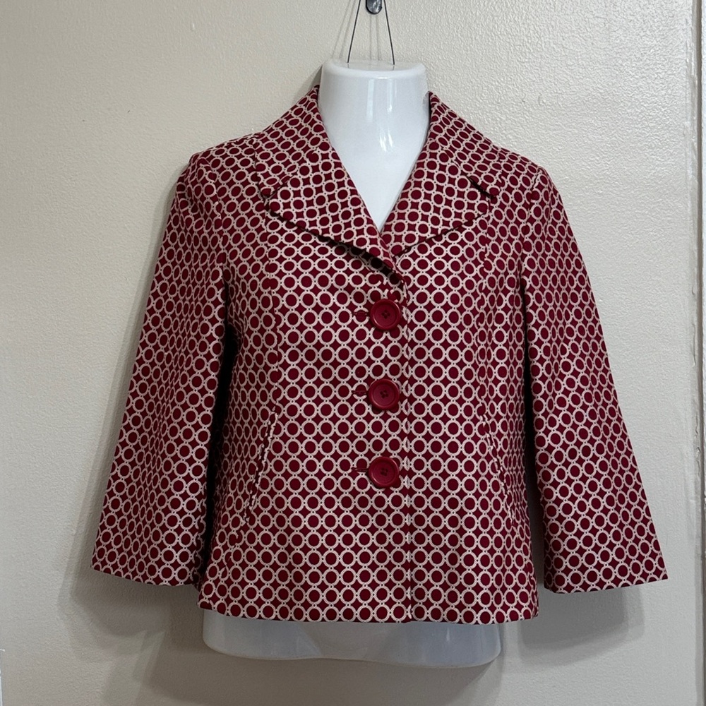 Rafaella Red‎ & White Geometric Pattern Cropped Blazer Professional Jacket